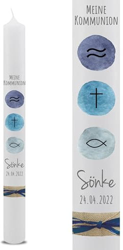 VILLA ROSA LOTTA – Personalisierbare Kommunionkerze Taufkerze „Sönke“ mit Wunschdaten und Rückseite | christliche Symbole | 40 cm x 4 cm | für Jungen und Mädchen | Altarkerze elfenbein