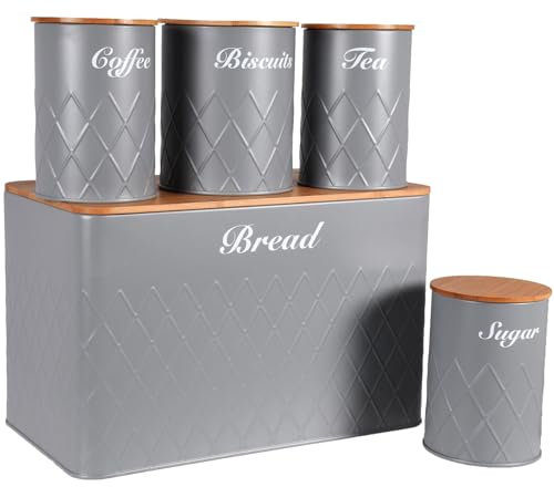 NTEK 5pc Kitchen Storage Bamboo Lid Set Includes Tea, Coffee, Sugar, Bread and Biscuit Barrel Canister Jar & Stylish Bread Bin - Diamond Embossed Design Matt Finish (GREY)