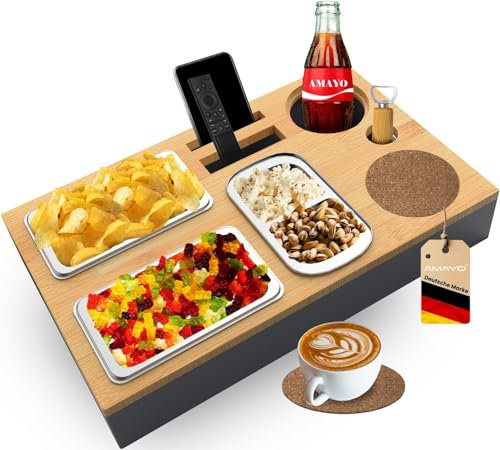 AMAYO - Couchbar Snackbox, Serviertablett Organizer - Frühstückstablett mit Snackschale - Holz Sofatablett Sofa Butler, Deko, Couch Tray, Sofaablage (Beige/Grau)