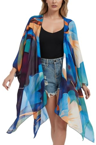 Cárdigan Kimono para Mujer Largo de Gasa Floral Cobertor de Traje de Baño Bohemio Ropa de Playa Bikini Chal Tops, talla única