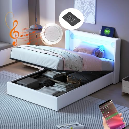 Autheria Letto Singolo con Contenitore 90x200 cm con LED e USB e Bluetooth, Letto imbottito con Testiera e vano portaoggetti, Letto Contenitore con rete a doghe, Struttura Letto Singolo