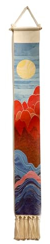 MerwDeeyt Cotton Linen Hanging Poster with Sunrise Sunset Pattern 15x98cm | Long Vertical Wall Hanging Tapestry with Tassel, Bohemian Wall Artwork Painting Decoration, for Bedroom, Living Room Style A