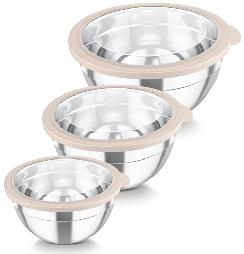 TEAMFAR Rührschüssel Set, 3 Stück Edelstahl Schüssel mit Transparenter Luftdichtem Deckel, Stapelbar Schüsselset, 4,5L/3L/1,5L, Salatschüssel zum Servieren/Kochen/Backen, Spülmaschinenfest - Khaki