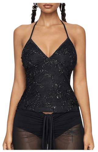 SHENHE Women's Halter Top Sparkly Glitter V Neck Party Crop Tops Club Rave Festival Outfits Black Small