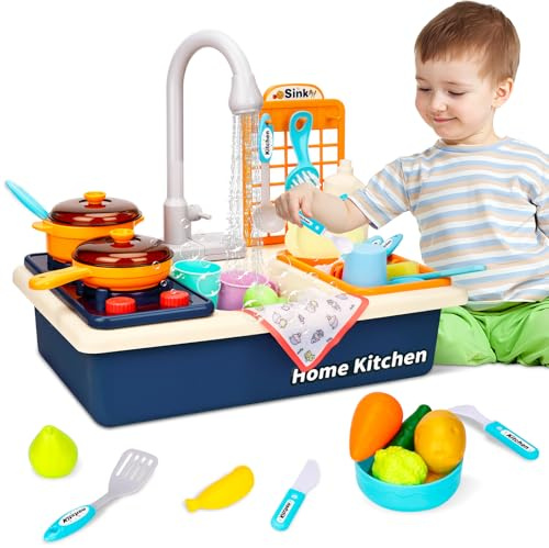 IGUGI Spielzeugspüle mit Leitungswasser, Waschbecken für Kinder, Spielzeugküche für Kinder, Spielzeug für gefälschte Rollenspiele mit Wasserhahn & Spielset, Mini-Spülmaschine Spiele (Blau)