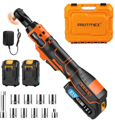 Protmex Cliquet Electrique 3/8 - Clé à Cliquet Sans fil 60FT-LBS (80N.m) 21V Clé à Choc sur Batterie 2 X 2.0Ah, 400 RPM Rechargeable Cle Plate à Cliquet avec douilles, adaptateur, barre d'extension