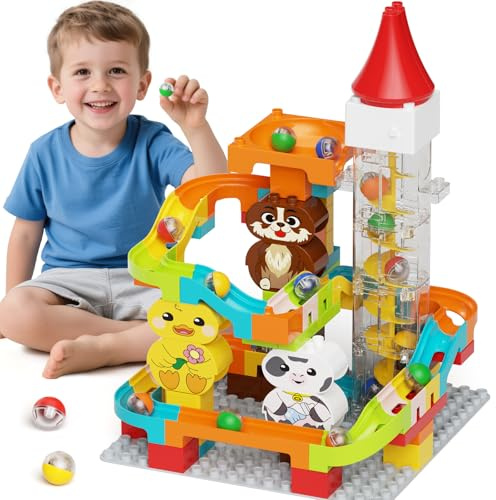 92pcs Murmelbahn Elektrisch Spielzeug mit Motorisiertem Aufzug –Perpetuum Mobile Bauset, 4-in-1 Kugelbahnen Bausteine für Kinder, STEM-Lernspielzeug Unbegrenzte DIY Baukasten für Kinder