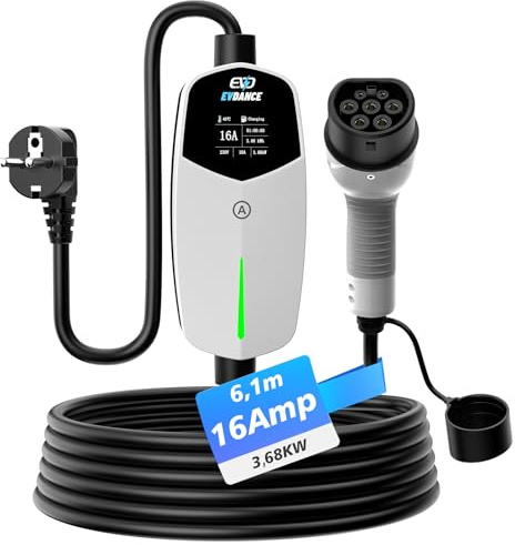 EVDANCE Chargeur Voiture Electrique (3,68 KW, 6,1m, 6-16A, 1-Phase) Cable Recharge Voiture Electrique Type 2 Chargeur Portable avec Affichage Numérique, Compatible avec PHEV/EV (IEC 62196-2), Blanc