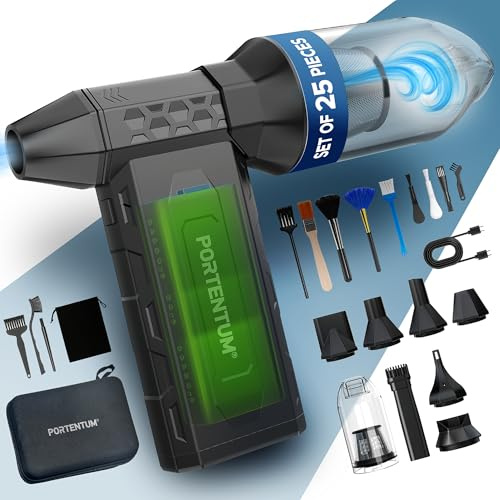 PORTENTUM 4 en 1 Souffleur air comprimé 180 km/h – Power bank 8000 mAh charge rapide USB-C – Aspirateur voiture puissant sans fil 25 kPa jusqu’à 115 min – Lampe torche double LED – set de 25