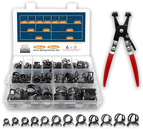 DIYoung 120 Pièces Colliers de Serrage à Ressort 7-22 mm, Noir Clips à Ressort avec Pince, pour Tuyaux et Conducteurs de Carburant (12 Tailles + Pince)