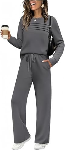 PQCHAOQ Womens Lounge Wear Sets Long Sleeve Tracksuit Full Set Casual Pyjamas Two Piece Outfits Crew Neck Sweatshirts and Jogging Bottoms with Pockets