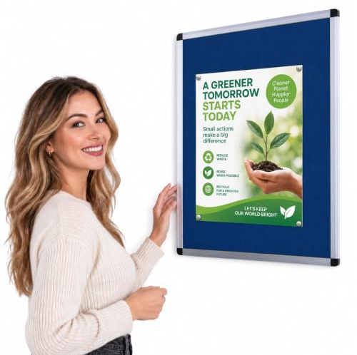Wonderwall Small Blue Felt Noticeboard, 60 x 45 cm, Aluminium Frame | Anti-Fade Pinboard, Wall-Mounted, Discreet Corner Fixings, Office, School, Home, Healthcare