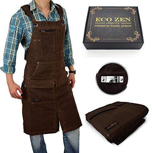 ecoZen 16oz Waxed Canvas Work Apron with Pockets - Waterproof, Fully Adjustable to Comfortably Fit Men and Women, 27 x 34 inches, Tough Tool Apron for Lasting Protection - Brown, Size S to XXL