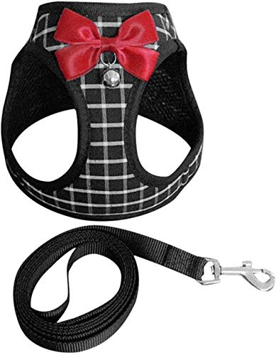AUSUKY Harnais de sac à dos réglable et doux pour animal domestique avec laisse et gilet confortable classique mignon nœud papillon clochette pour chiens(S, noir)