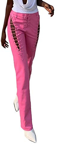 xxxiticat Women's Lace Up PU Leather Pants Chic High Waist Hollow Out Drawstring Bandage Cut Out Faux Leather Trousers(PI,M) Pink