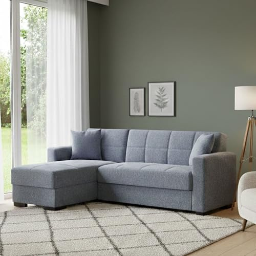 Dmora Divano Letto con penisola Fernando, Divano ad Angolo Reversibile, Sofà Contenitore da Soggiorno con Chaise Longue e 2 Cuscini, 230x150h81 cm, Grigio