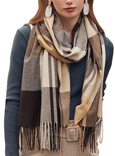 HYUET Bufandas Mujer Invierno Grande a Cuadros, Cachemira Chal Cálido Moda Largas Bufandas Mujer Invierno de Punto con Flecos para Mujeres Hombres,Marrón,65 * 185 cm