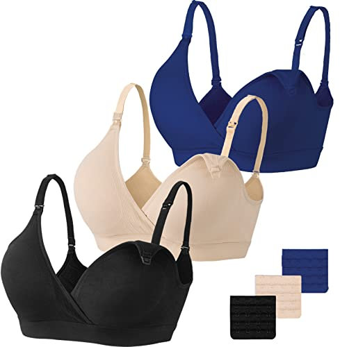 Vinfact Still BH Damen Ohne Bügel 3Pcs Nahtloser Schwangerschafts-BHS V-Ausschnitt Stillbh Nursing Bra mit zusätzlichen Verlängerungen Stillen und Schlaf - S-Schwarz/Haut/Blau
