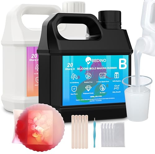 BBDINO Silicone Mold Making Kit 20A, Translucent Liquid Silicone for Mould Making 1:1 by Volume, Ideal for Casting Resin, Soap, Plaster, Wax Silicone Molds N.W. 2000g | 1A:1B Mixing -Self Degassing -4 Hrs Quick Cure Flexible & Firm Well Balanced Ideal for Moulding with Resin, Soap, Plaster,Wax