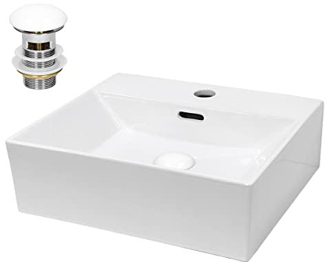 ECD Germany Waschbecken Waschtisch 415x360x130 mm Eckig Keramik Weiß inkl. Ablaufgarnitur für Waschbecken mit Überlauf Aufsatzbecken Aufsatzwaschbecken Aufsatzwaschtisch Waschschale Spülbecken Becken