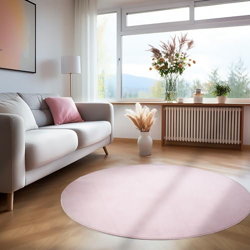 Tappeto rotondo a pelo corto in stile moderno, lavabile, unicolore, ideale per soggiorno, facile manutenzione, morbido camera da letto e cameretta Misurare: 200 cm Rund Colore: Rosa