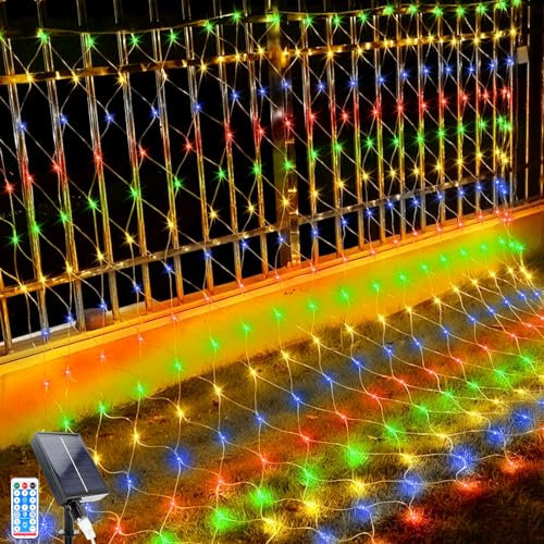 LED Solare Catene Luminose, 1.5x1.5M Decorazione di rete Luci di Natale, 96 LEDs 8 Modalità Impermeabile Tende Decorazione di rete Luci per GiardinoTerrazza Natale Feste (1.5*1.5M, Colorato)