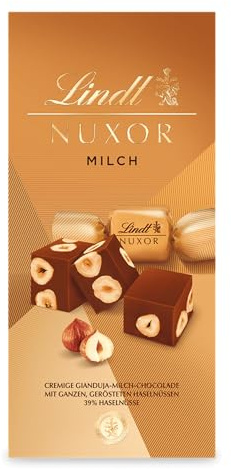 Lindt Schokolade | NUXOR Beutel Milch | 103g | Cremige Gianduja Milch-Schokoladen Würfel mit ganzen, gerösteten Haselnüssen | Schokoladen-Geschenk