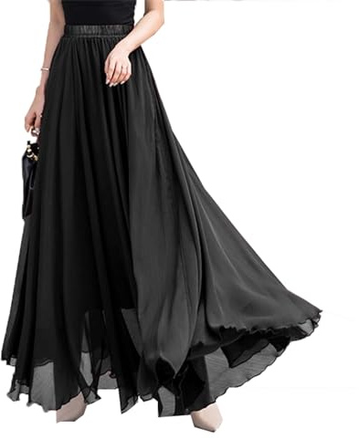 FM2018XSL Gonna Donna Lunga in Chiffon Elastico Vita Estiva Casual Fluido Tulle Boho Gonne da Spiaggia,M,Nero