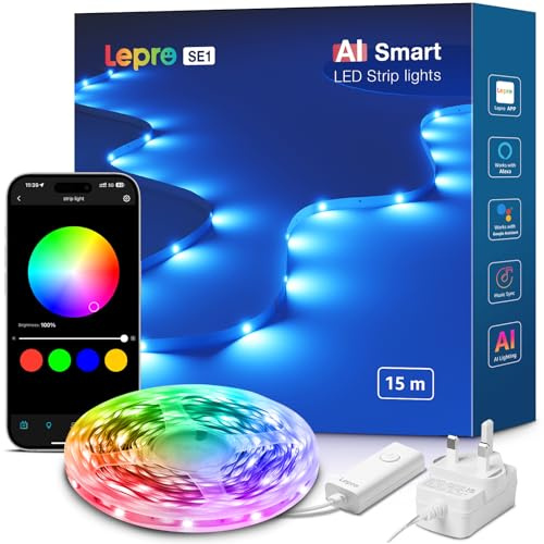 Lepro SE1 AI Smart LED Strip Light 15M RGB, Works with Alexa & Google Assistant, Music Sync, Colour Changing RGB Lights, Personalized AI Lighting Designer, Bluetooth & 2.4GHz WiFi, App Voice Control