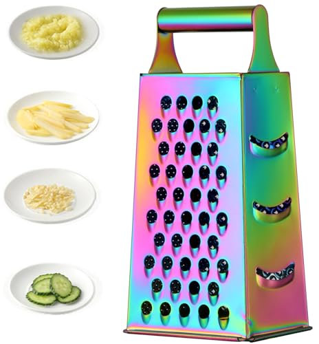 Large Cheese Grater Vegetable Slicer Stainless Steel with 4 Sides, 9.2 Inches Multifunctional Cutter Planing for Ginger, Garlic, Cucumbers, Carrots, Cheese, Potato, graters for Kitchen (Rainbow)