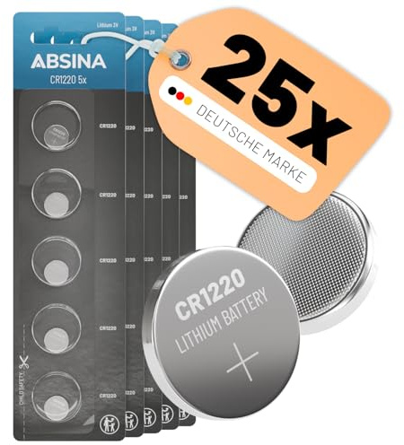 ABSINA CR1220 knappcell 3 V litium 25-pack – batteri CR 1220 3 volt läckagesäker och lång hållbarhet för bilnycklar, klocka och mycket mer – litiumbatterier