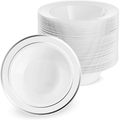 MATANA 50 Premium White Plastic Bowls with Silver Rim, 360ml - Sturdy & Reusable - Soup Bowls, Dessert Bowls for Weddings, Birthdays, Picnic, Buffet, Catering, Parties