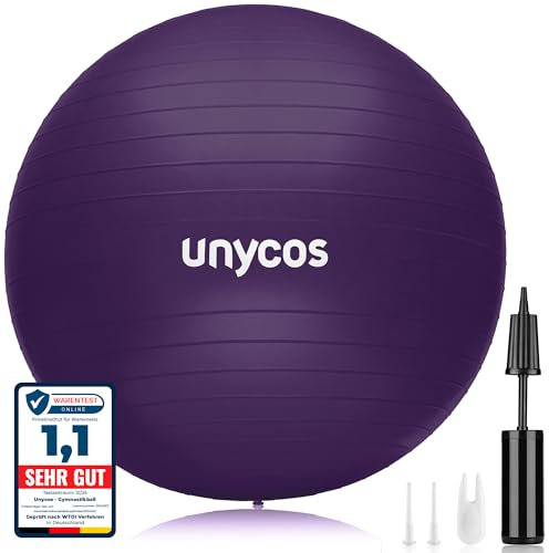 unycos - Gymnastikball 65 cm Sitzball Trainingsball für Yoga, Fitness, Medizinball, Balance Ball, Core Training Strength, Pilates-Ball | Inkl. Pumpe, BPA-Frei, Anti-Burst (Lila mit Logo)