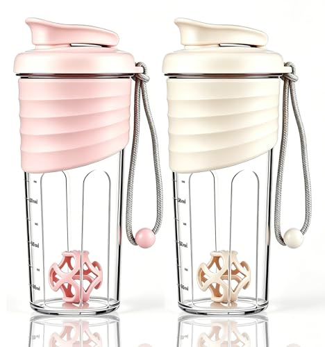 OUOUMUF 2 stycken TRITAN omrörningsboll proteinshakare – superkrämig fitness shake, 700 ml (rosa och vit)