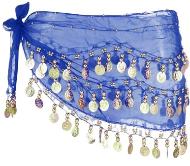 sourcing map Belly Dance Hip Scarf 57x11, 1 Pack Women's Belly Dance Costume Skirt Wrap with 72 Gold Coin for Dance or Yoga Class, Dark Blue