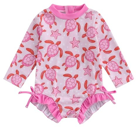 Himllauen Baby Girl Rash Guard Swimsuit Baby Girls Romper Swimwear Long Sleeve Print Zip Up Toddler Girl Swimming Costume for Beach Pool (Pink C, 3-6 Months)