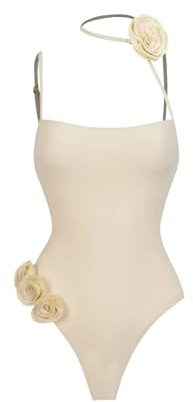 Bikini Mujer,Bañadores Mujer Traje de baño de una pieza con estampado de flores blancas y cuello halter for mujer, traje de baño sexy con cuello halter, elegante body adelgazante, ropa de playa elegan