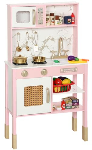 AIYAPLAY Cocina de Juguete de Madera con Sonido, Cocinita Infantil con Accesorios de Acero Inoxidable, Microondas, Horno, Fregadero, Verduras para Cortar, para Niños a Partir de 3 Años, Rosa