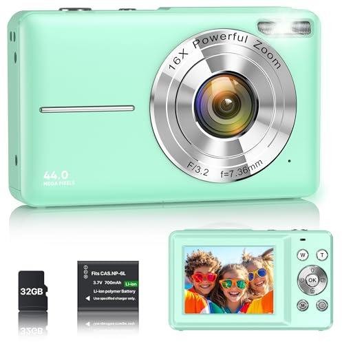 Digitalkamera 1080P 44MP Vlogging Kamera für Kinder Jugendliche, FHD Kompaktkamera Fotokamera mit 2,4 Bildschirm 16X Zoom, Anti-Shake Minikamera für Anfänger Studenten Jungen Mädchen-Grün