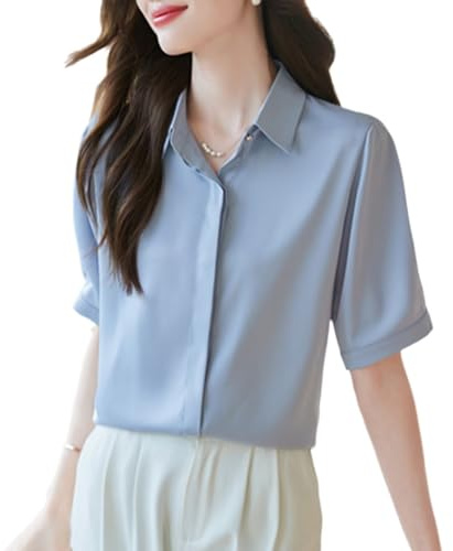 Camisa de Seda Mujer Clásica Blusa Manga Corta con Botones Blusa Elegante para Oficina