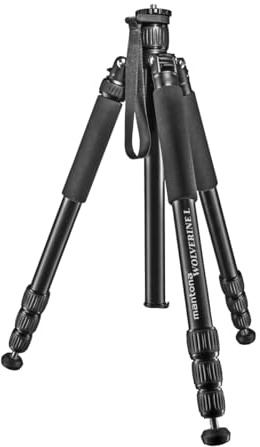 Mantona Wolverine L 284 Kamerastativ Aluminium, Fotostativ bis 15 kg, höhenverstellbar bis 166 cm, Stativ mit Spikes, Libelle, LED Lampe, als Dreibein und Einbein-Stativ nutzbar