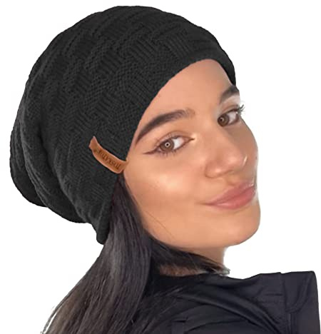TOSKATOK® Ladies Mens Unisex Warm Winter Textured Knit Slouch Beanie hat with Cosy Faux Fur Teddy Fleece Liner-Black
