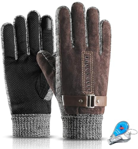 KXF Thermal Gloves, Mens Leather Winter Waterproof Gloves Thick Warm Fleece Lined Windproof Cold Proof Touchscreen Glove for Cycling Driving Running Camping Hiking