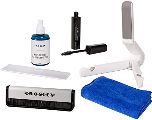 Crosley AC1024A 5-in-1 Record Cleaning Kit with Carbon Fiber Brush, Microfiber Cloth, Stylus Cleaner, Cleaning Solution, and Record Stand