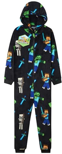 Minecraft Combinaison Polaire Garçon Ado, Combinaison Pyjama à Capuche, Vêtements de Nuit Enfants - Cadeau Gamer (Noir AOP, 13/14 Ans)