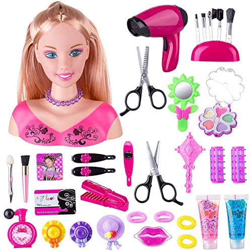 Uposao 35 pieces children's makeup head including cosmetics and accessories hair dryer makeup brush makeup doll styling head kids role play toys for girls from 3 years