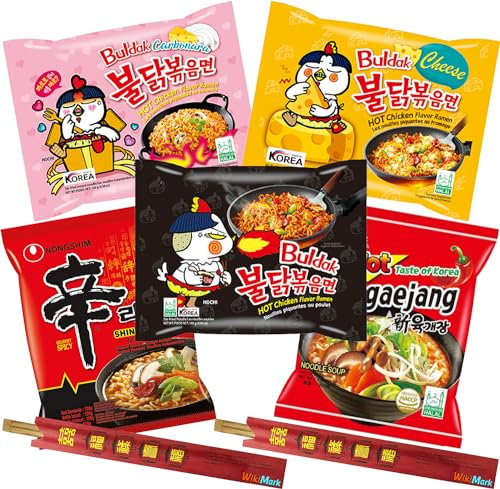 Lot 5 ramen coréens et 2 baguettes en bambou WikiMark. Comprend les nouilles Samyang Carbonara, le fromage Samyang, le poulet chaud Samyang, le goût chaud Samyang de Corée, soupe Nongshim Shin Ramyun