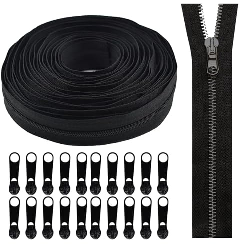 LDBKLGHJ Fermeture Eclair, Fermeture Eclair au Metre, Fermeture éclair Noire Chaîne Continue de 9,3 Mètres + 20 Curseurs en Métal, pour Bricolage Couture Sac Artisanal