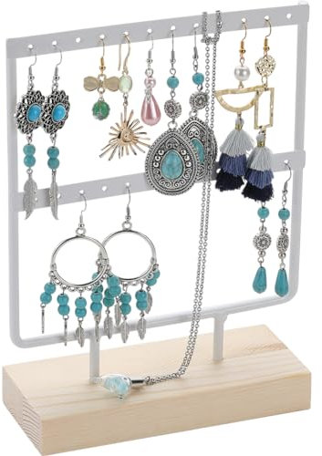 SUNNYCLUE Small Earring Display Stand Earring Holder Organizer Stand 8.3 inch 2 Tier White Earring Stands Jewellery Organizer 24 Hole Jewellery Rack Solid Wooden Base Earring Tree for Studs Dangles