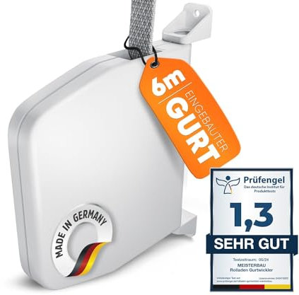 MEISTERBAU - Avvolgitore per tapparelle, 14 mm [Made in Germany] – Avvolgitore per tapparelle con cinghia integrata da 6 m da 14 mm – Avvolgitore per tapparelle orientabile a 180° – Include video di